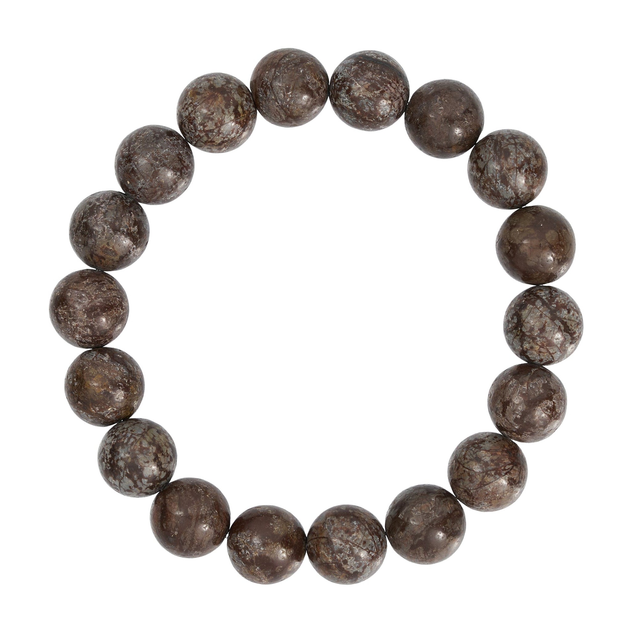 Brunt elastisk armbånd med runde perler af natursten med lysere spraglede tegninger, set ovenfra