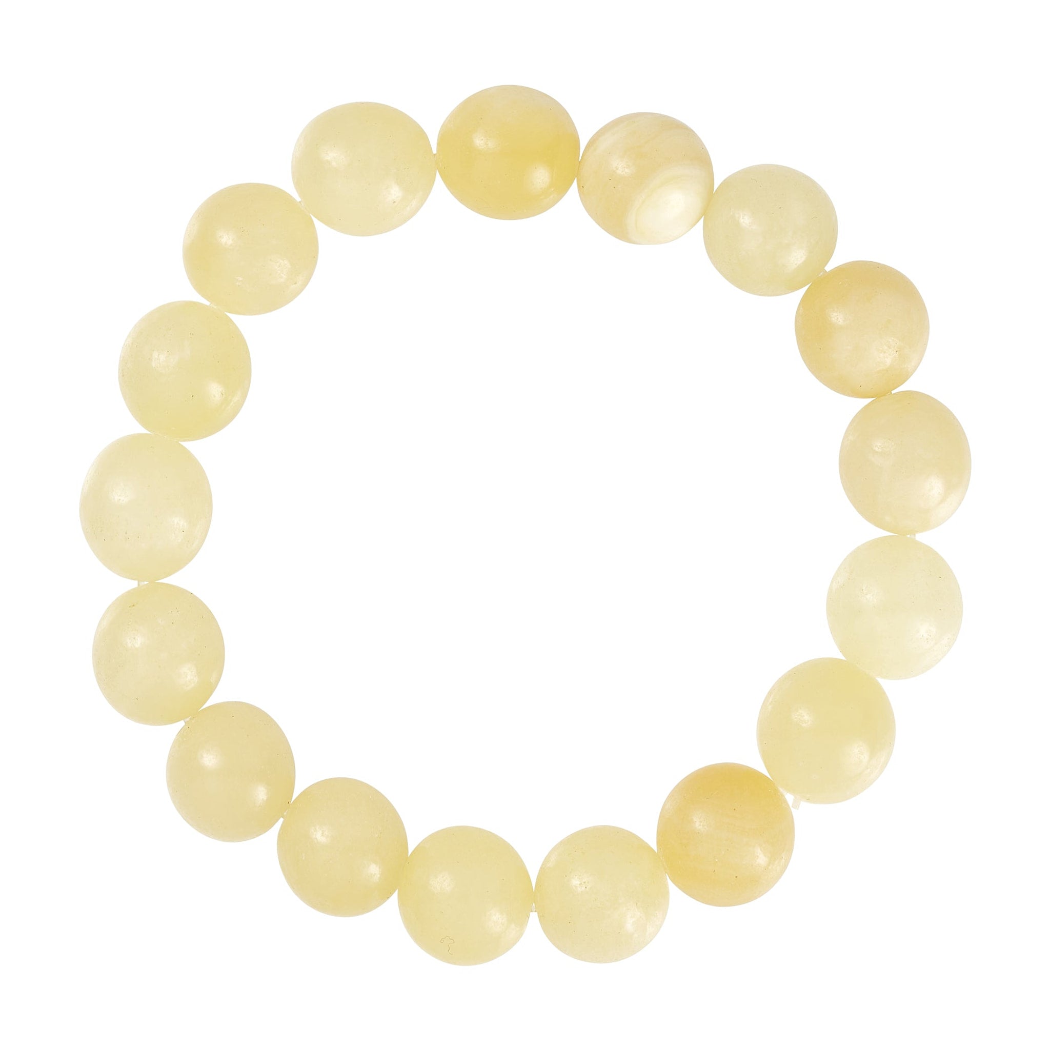 Gult armbånd af runde natursten i lys gul og creme fra Wolff Jewelry, set ovenfra på hvid baggrund
