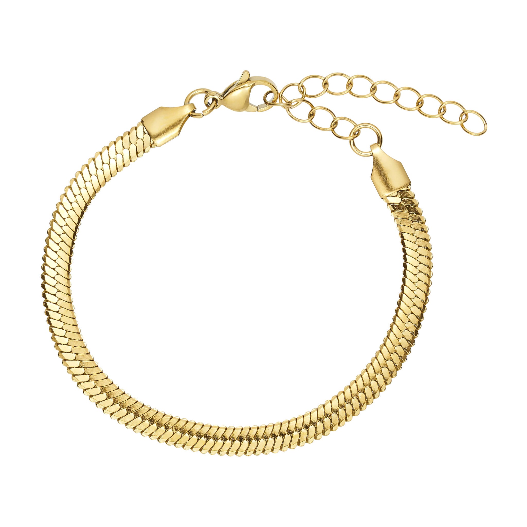 Guldfarvet Kleo Big armbånd fra Wolff Jewelry i 5 mm flad kæde med karabinlås og forlængerkæde