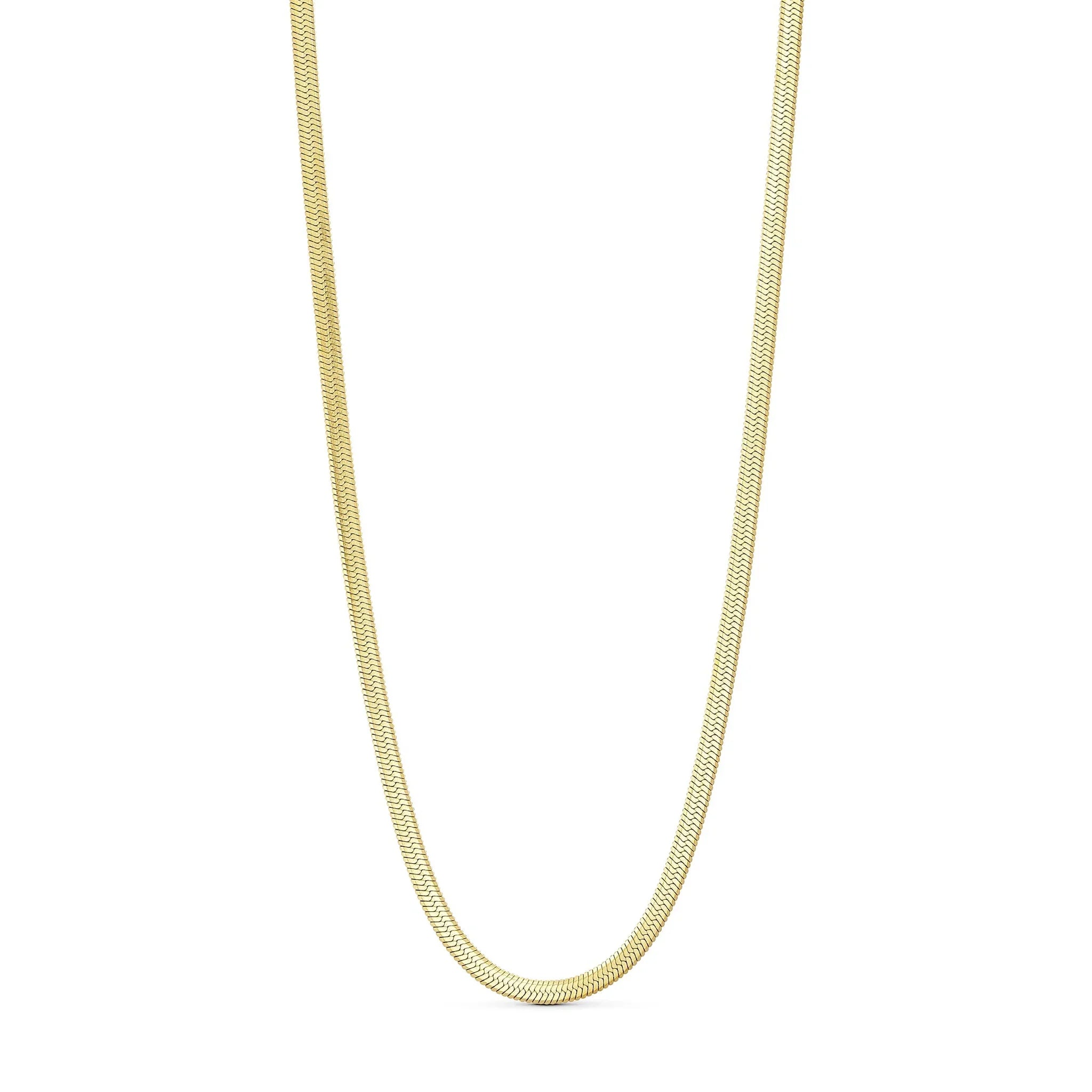 Kleo halskæde i guld fra Wolff Jewelry med flad, tætleddet kæde, vist alene på lys baggrund