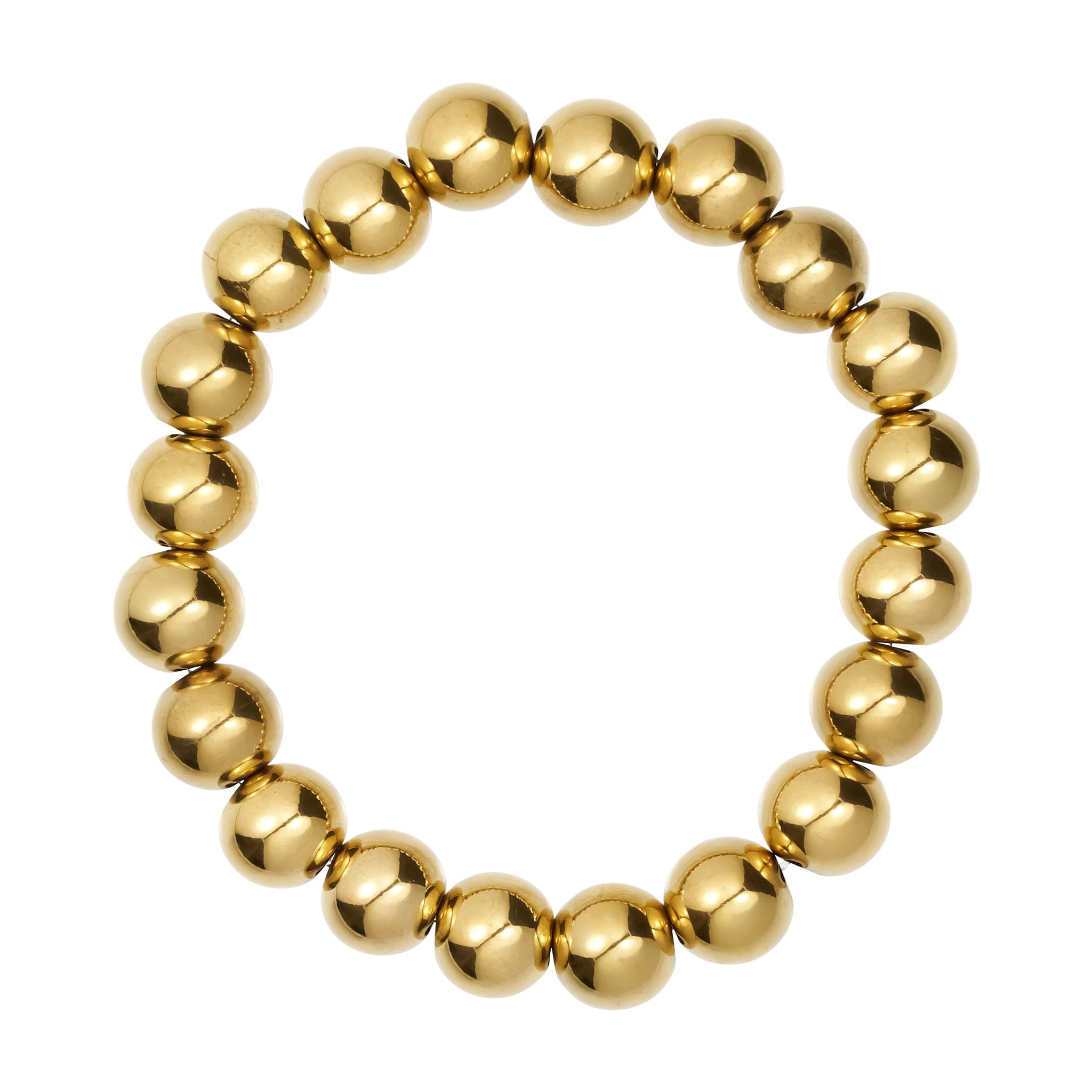 Lady Bracelet i guld fra Wolff Jewelry med store, blanke kugler og små ringe imellem, set ovenfra på hvid baggrund