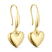 Guld øreringe med krog og hængende puffet hjerte fra Wolff Jewelry set forfra på hvid baggrund