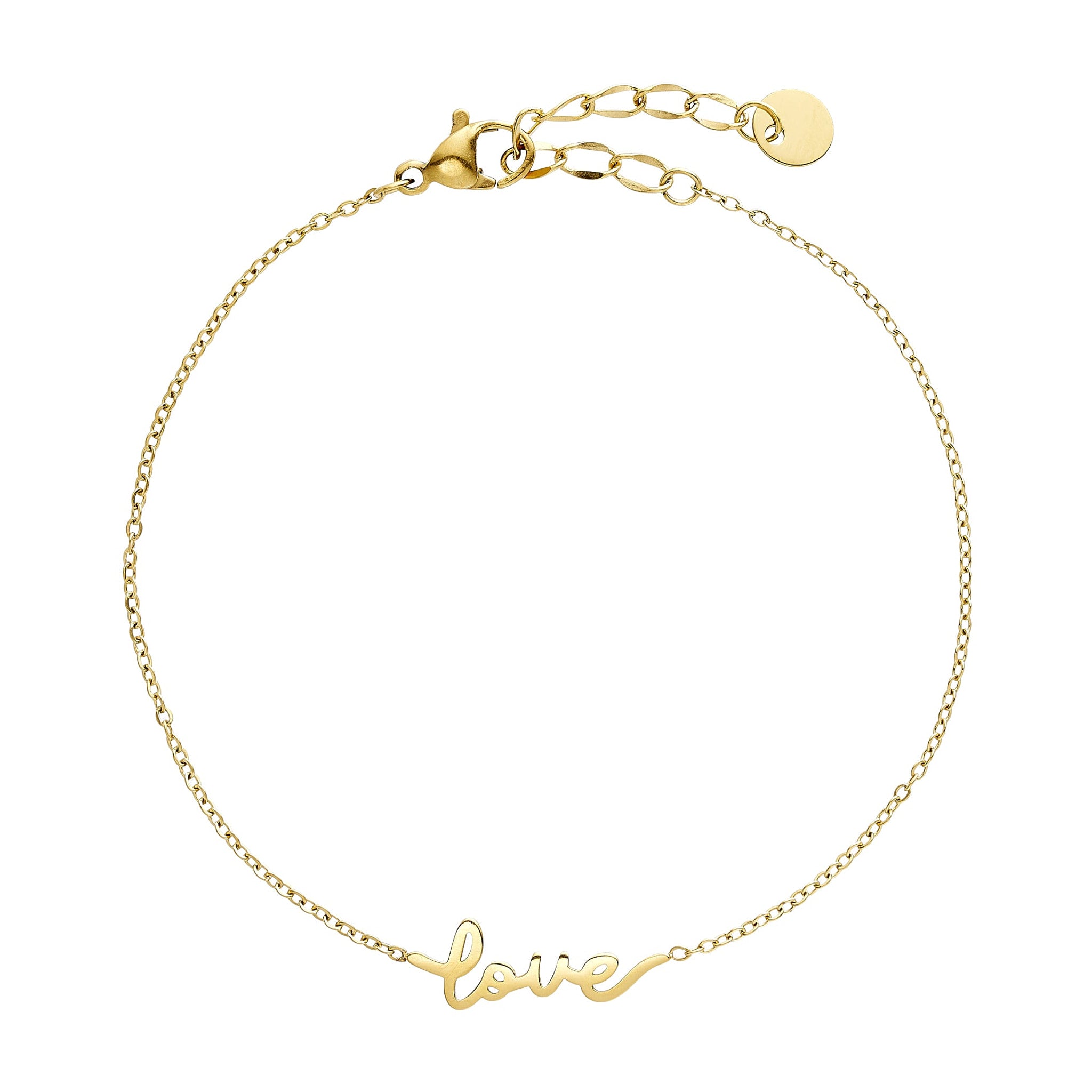 Guldfarvet armbånd Luna Love fra Wolff Jewelry med ordet love i skråskrift og karabinlås, set ovenfra på lys baggrund