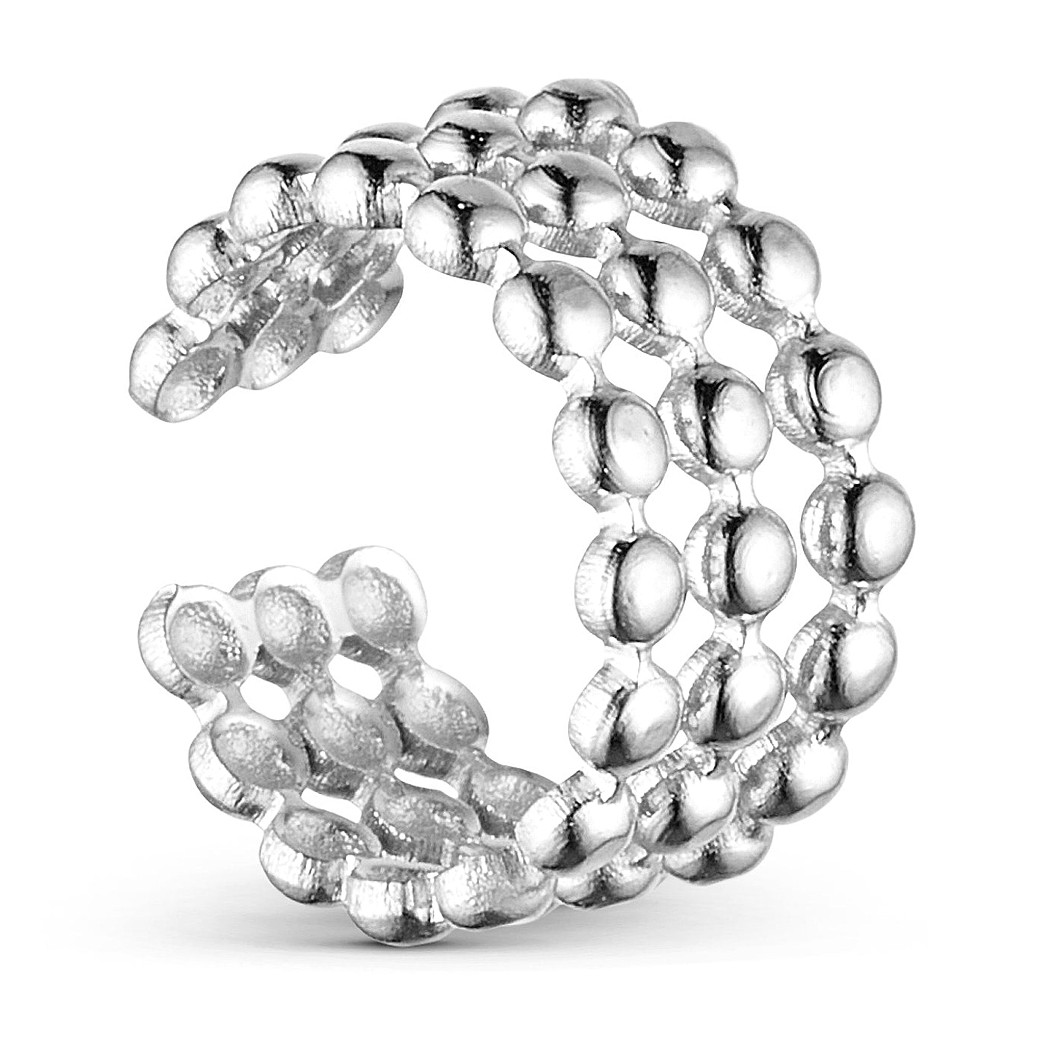 Mini Boble Ear Cuff ørering i sølv med tre rækker små bobler, set fra siden på lys baggrund