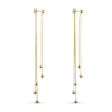 Lange øreringe i guld fra Wolff Jewelry med tynde kæder og små kugler, set forfra på lys baggrund