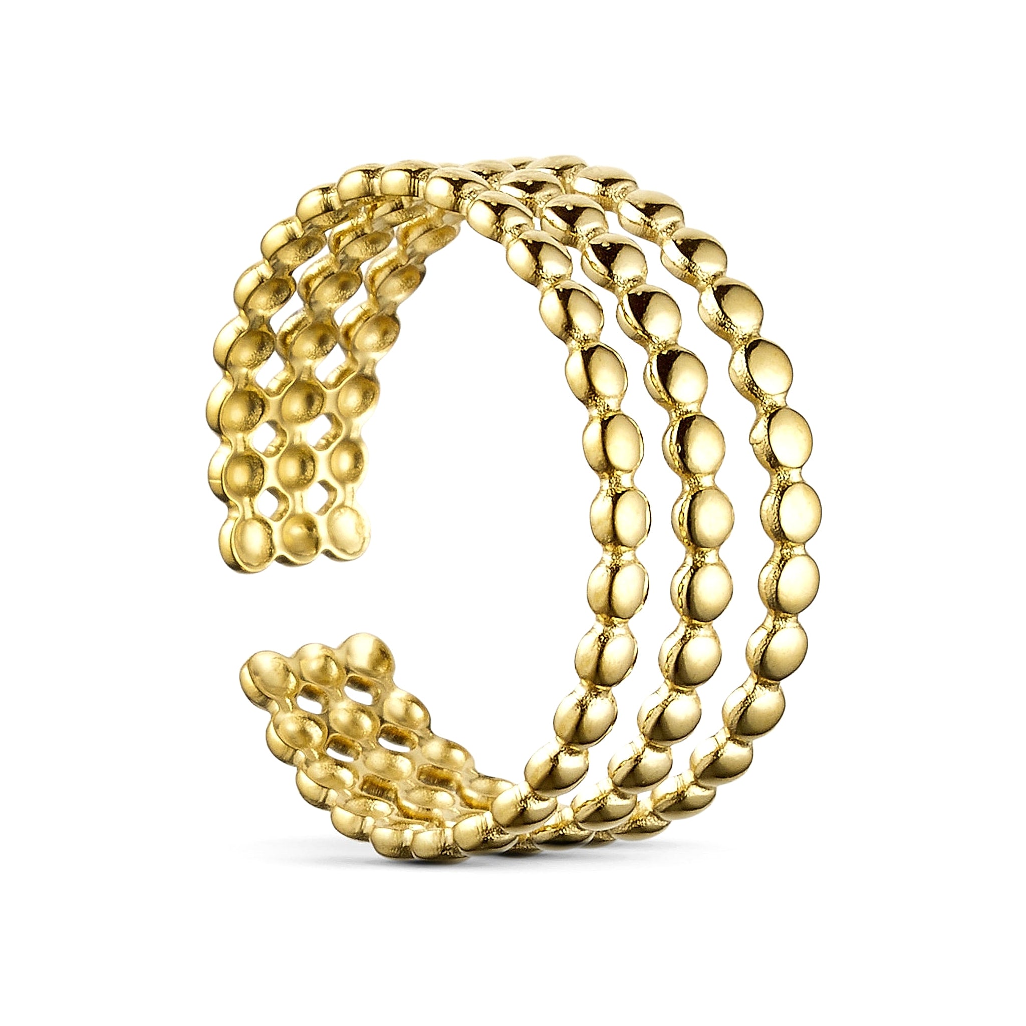 Mini Boble Ring i guld fra Wolff Jewelry med tre rækker små bobler og åben underside, set fra siden