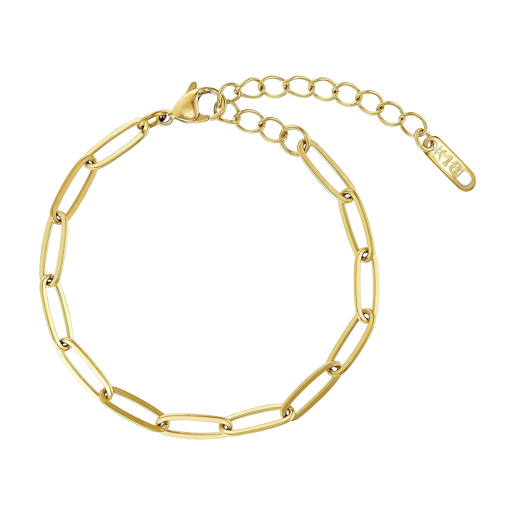 Armbånd i guld fra Wolff Jewelry med aflange kædeled, karabinlås og forlængerkæde på lys baggrund