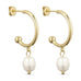 Pearly Hoops øreringe i guld fra Wolff Jewelry med hængende hvid perle, set fra siden på lys baggrund