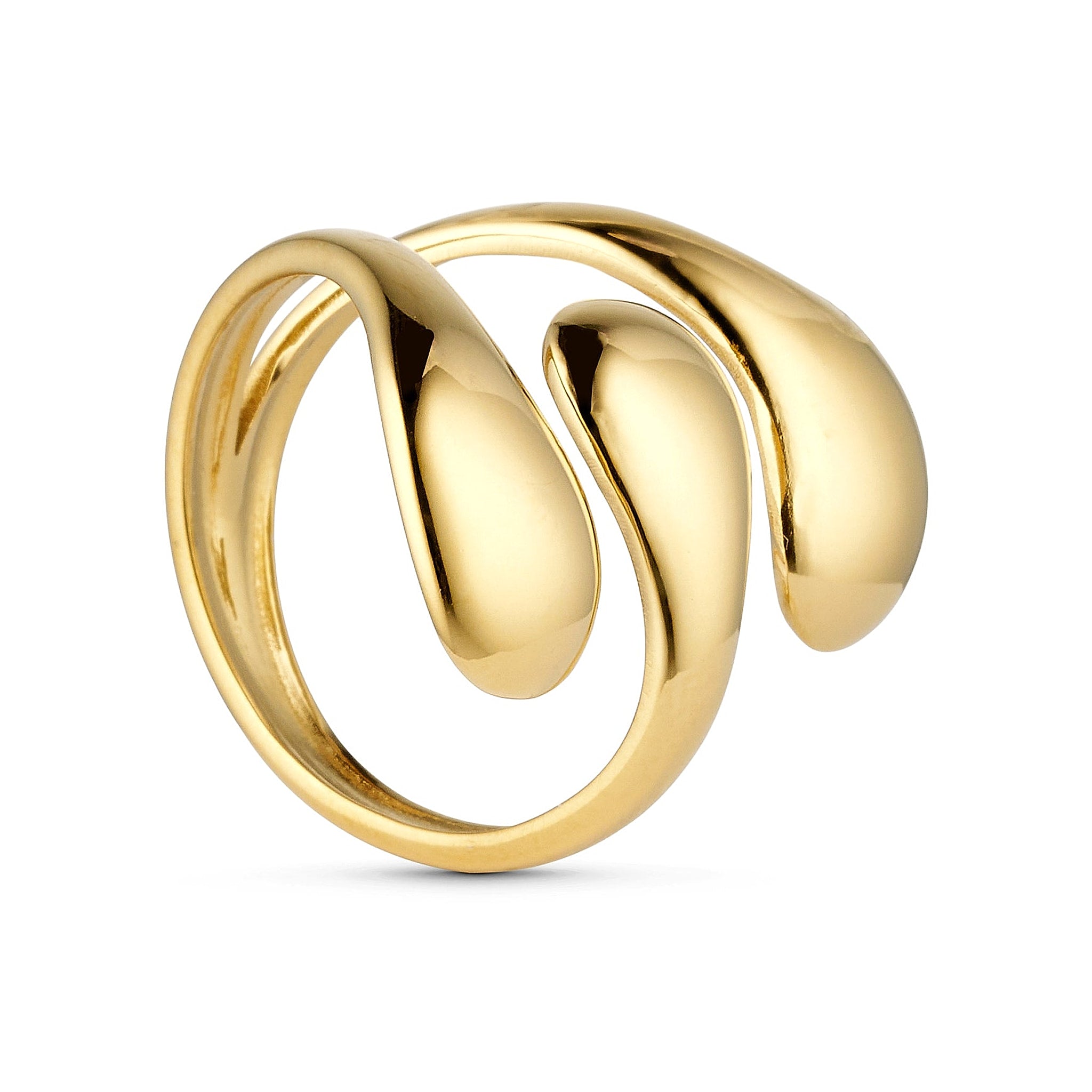 Guldfarvet Bomby Giant-ring fra Wolff Jewelry med åbent design og to blanke, dråbeformede ender set på skrå