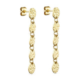Rustic Earring i guld fra Wolff Jewelry med fem runde, strukturerede plader og stik, set fra siden på lys baggrund