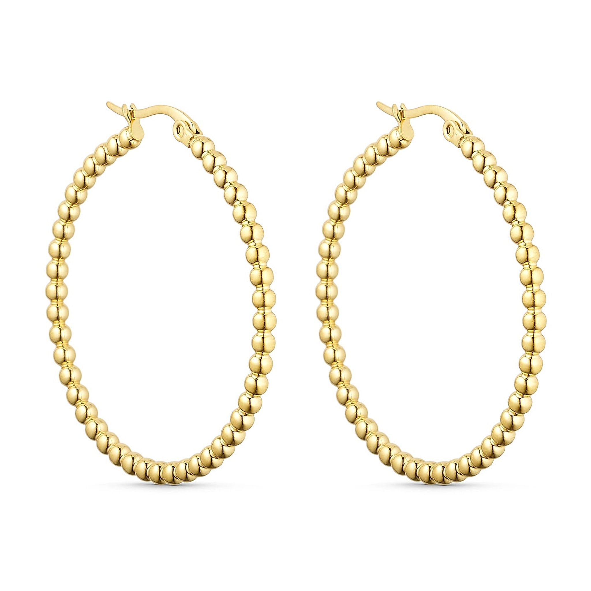 Guldfarvede øreringe Sore Hoops 40mm fra Wolff Jewelry med kugler hele vejen rundt, set forfra på lys baggrund