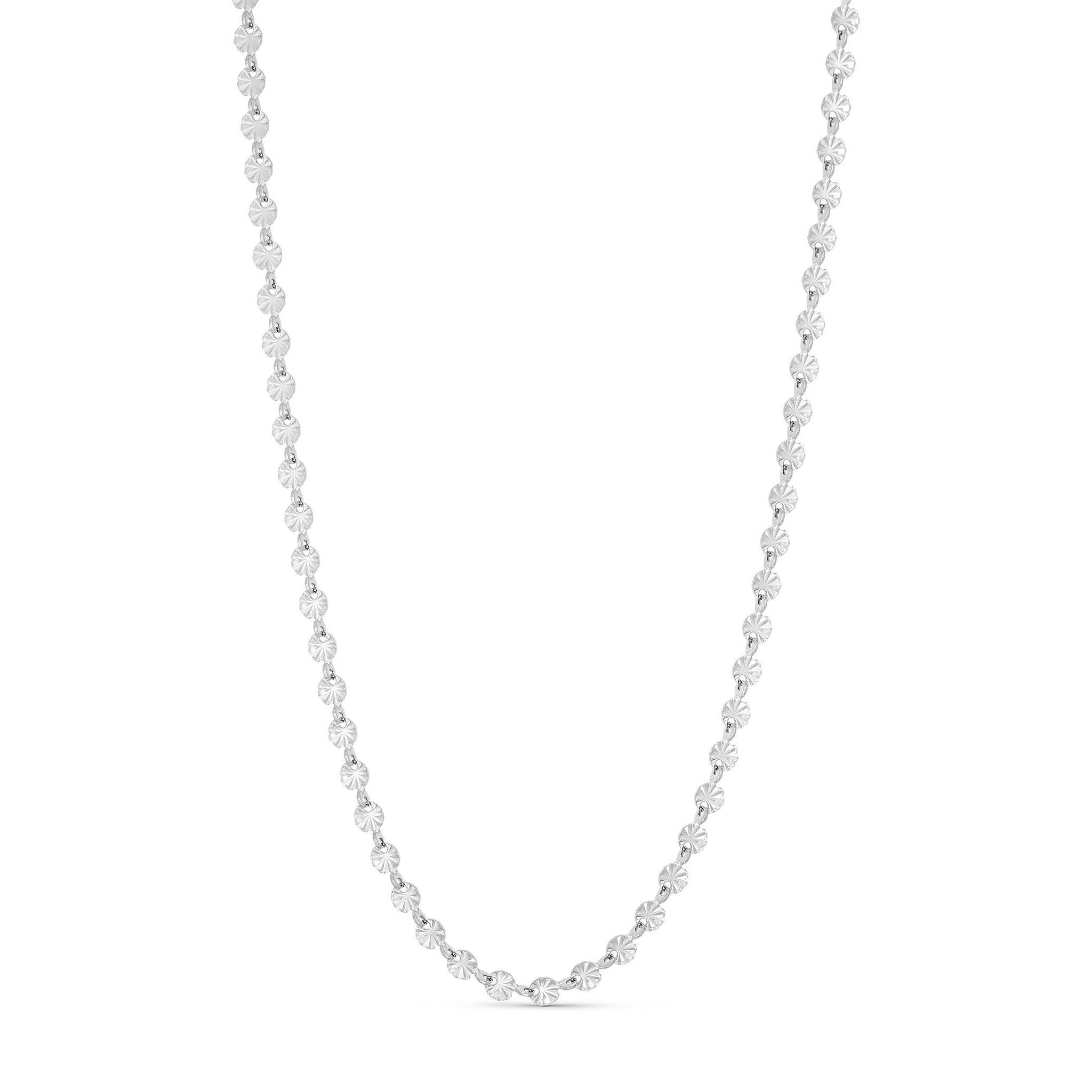 Sølv halskæde Sunny Chain Necklace fra Wolff Jewelry med runde led i stråleformet mønster på hvid baggrund