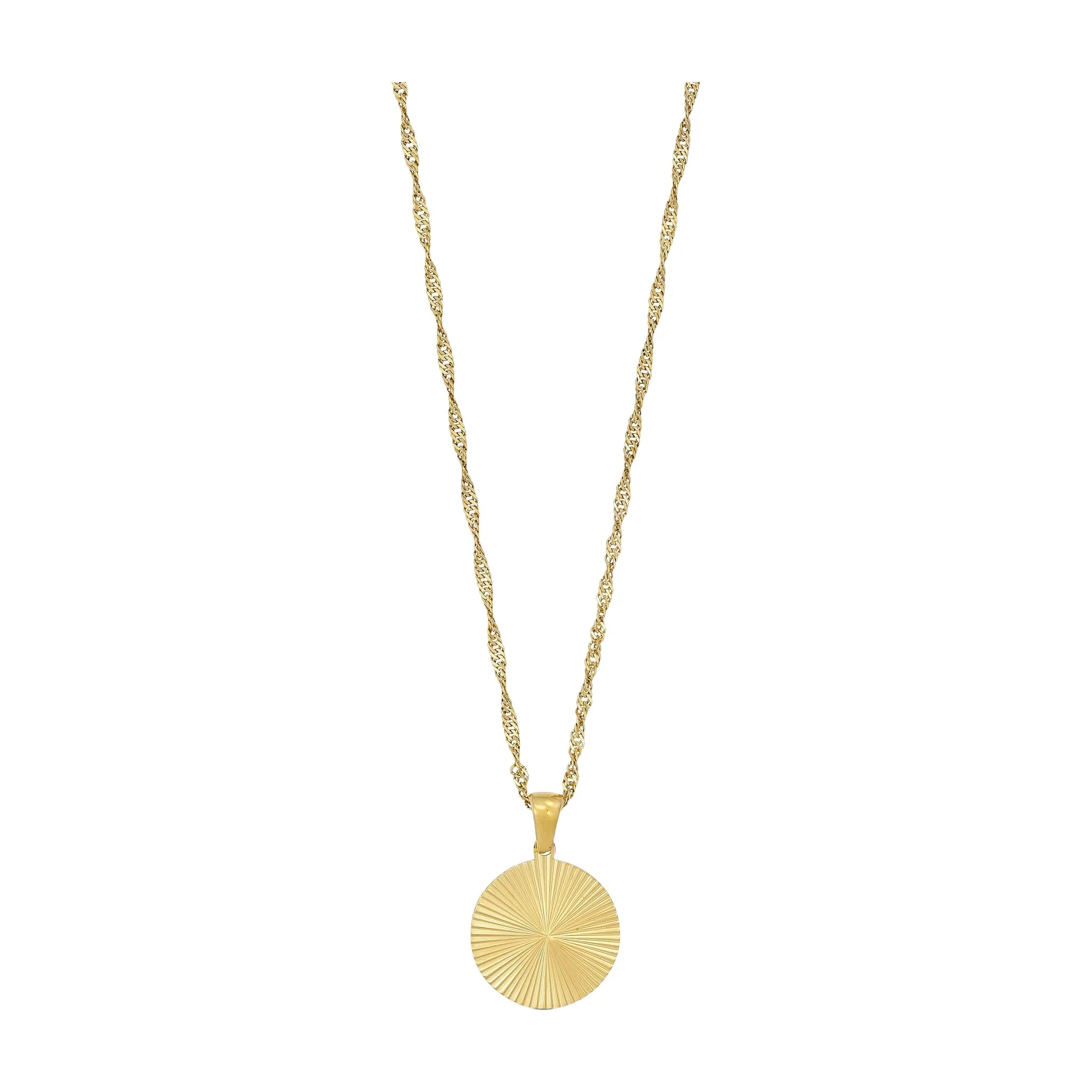 Guldfarvet halskæde Sunny Necklace fra Wolff Jewelry med snoet kæde og rundt vedhæng med stråleformede riller