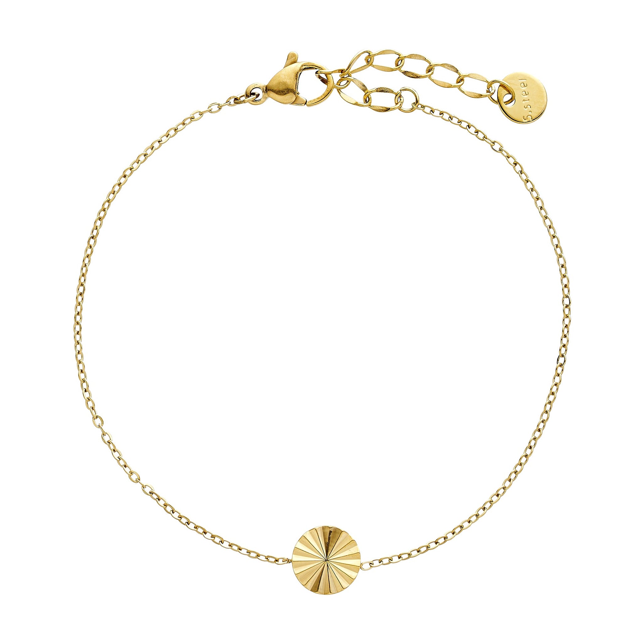 Guldfarvet armbånd Sunny Petit fra Wolff Jewelry med rundt vedhæng, karabinlås og forlængerkæde på hvid baggrund