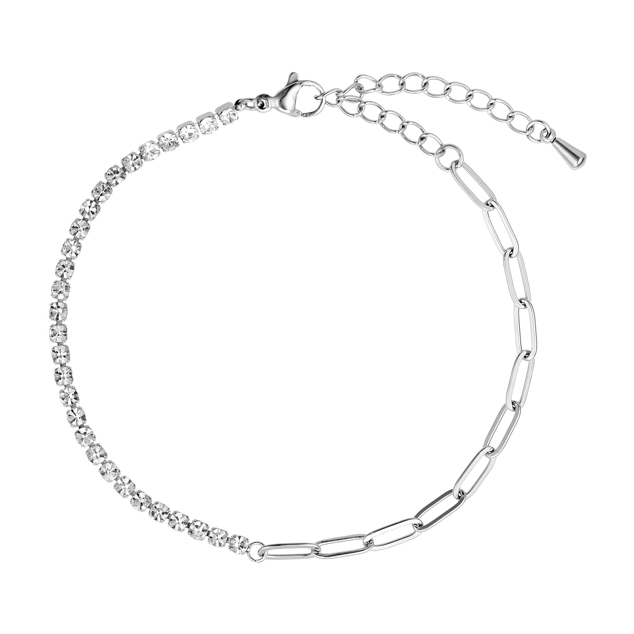 Sølvfarvet Tara armbånd fra Wolff Jewelry med klare sten, kæde med aflange led, karabinlås og forlængerkæde