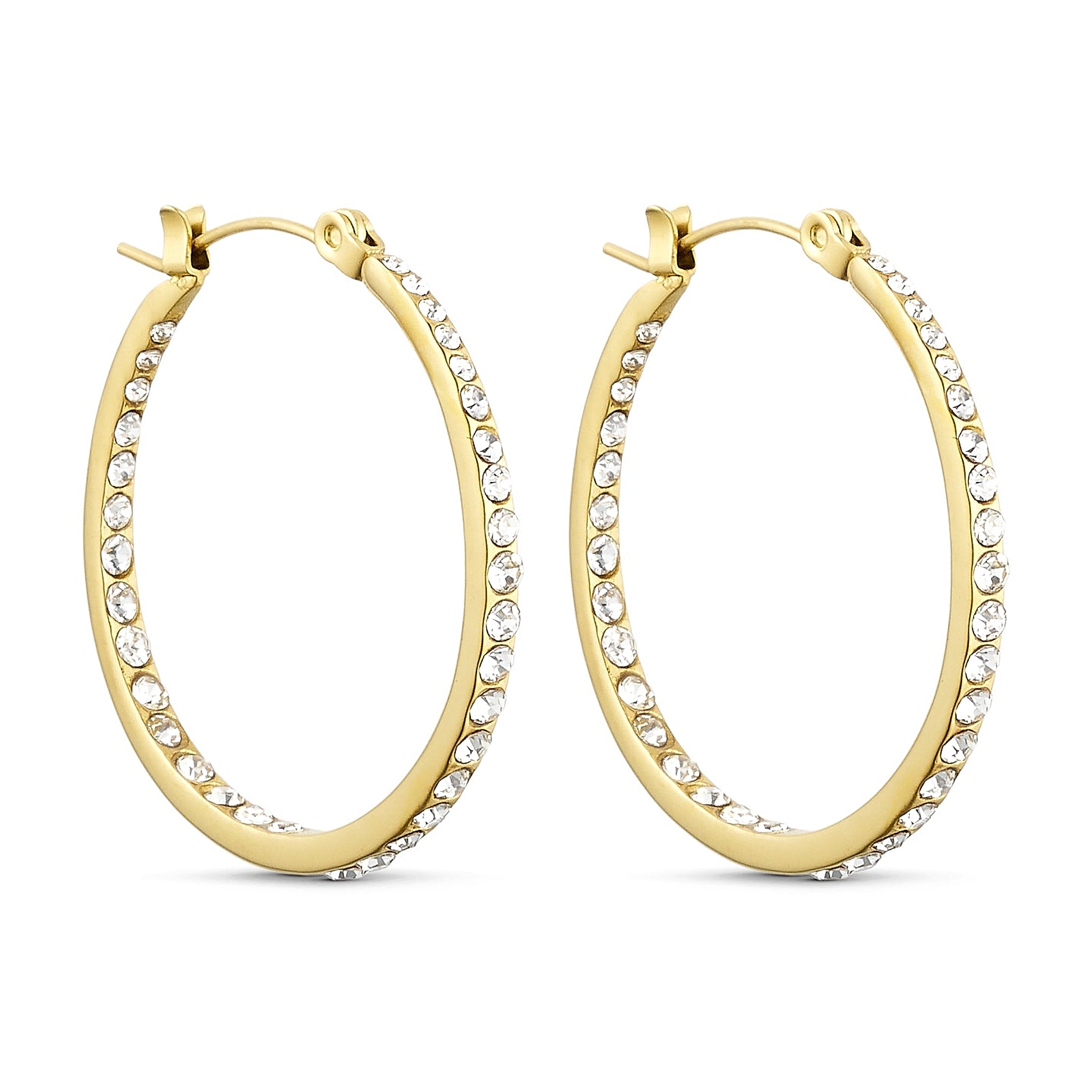 Tara Hoops 32mm guld øreringe med klare sten på forside og inderside, set på lys baggrund