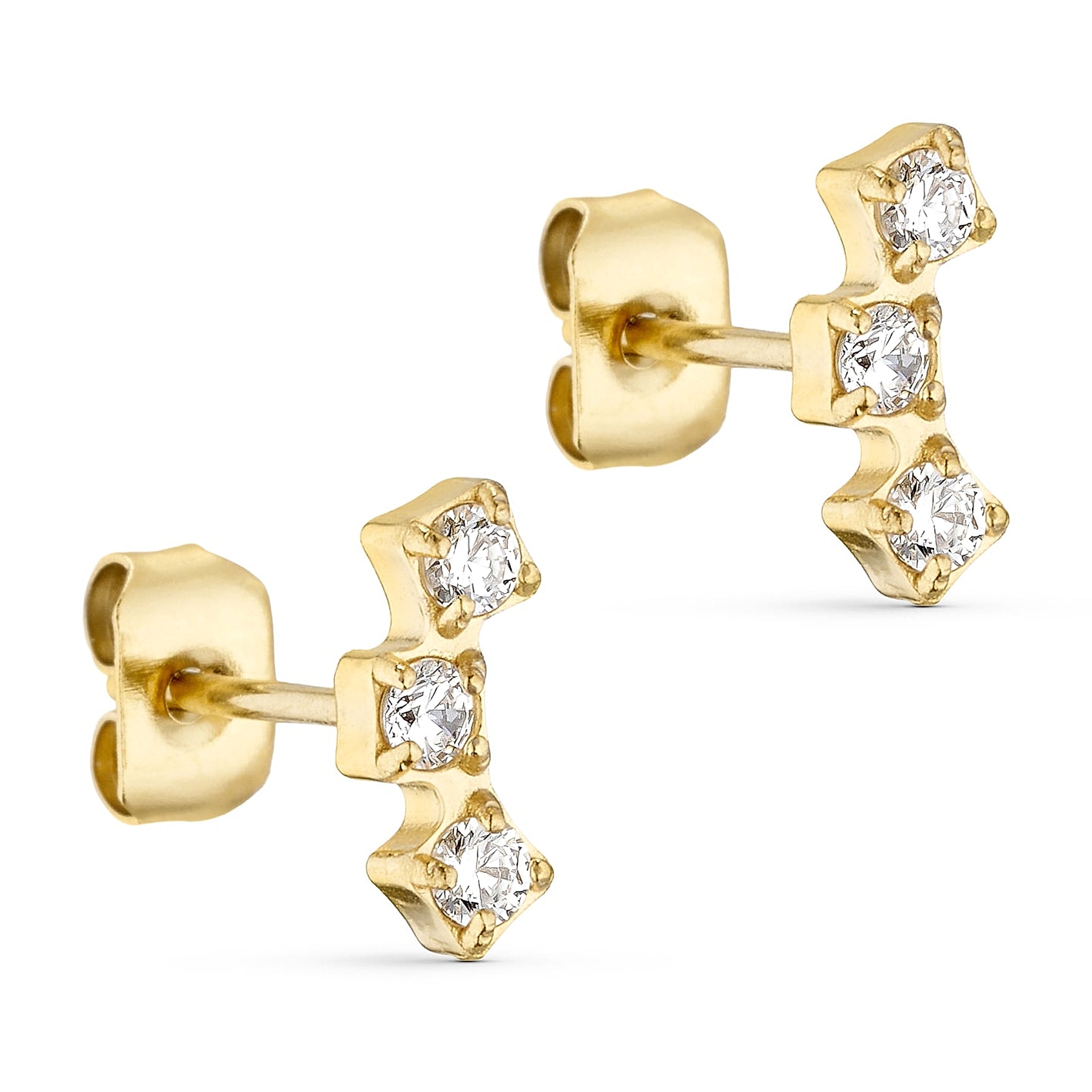 Øreringe i guld fra Wolff Jewelry med tre klare krystaller, set skråt fra siden med lås bagpå