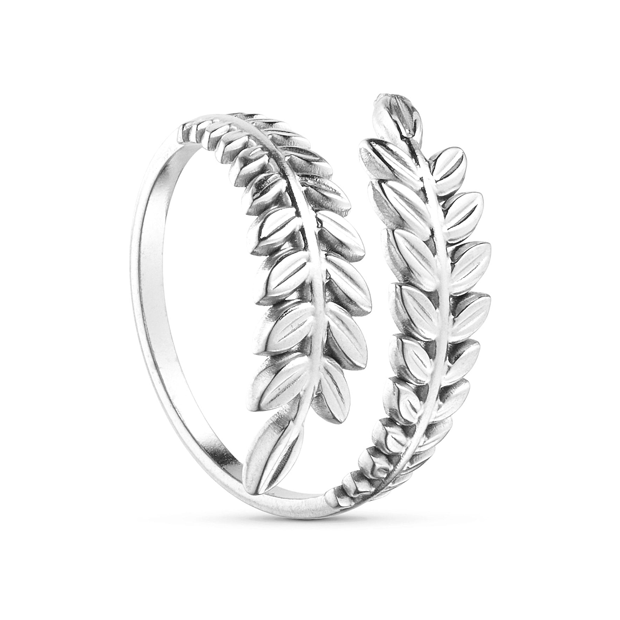 Sølvfarvet Vanza ring fra Wolff Jewelry med åbent design og to grene med blade, set fra siden på hvid baggrund