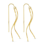 Waves ørering i guld fra Wolff Jewelry med fin kæde, lige stav og to bølgede stave, vist som par på hvid baggrund