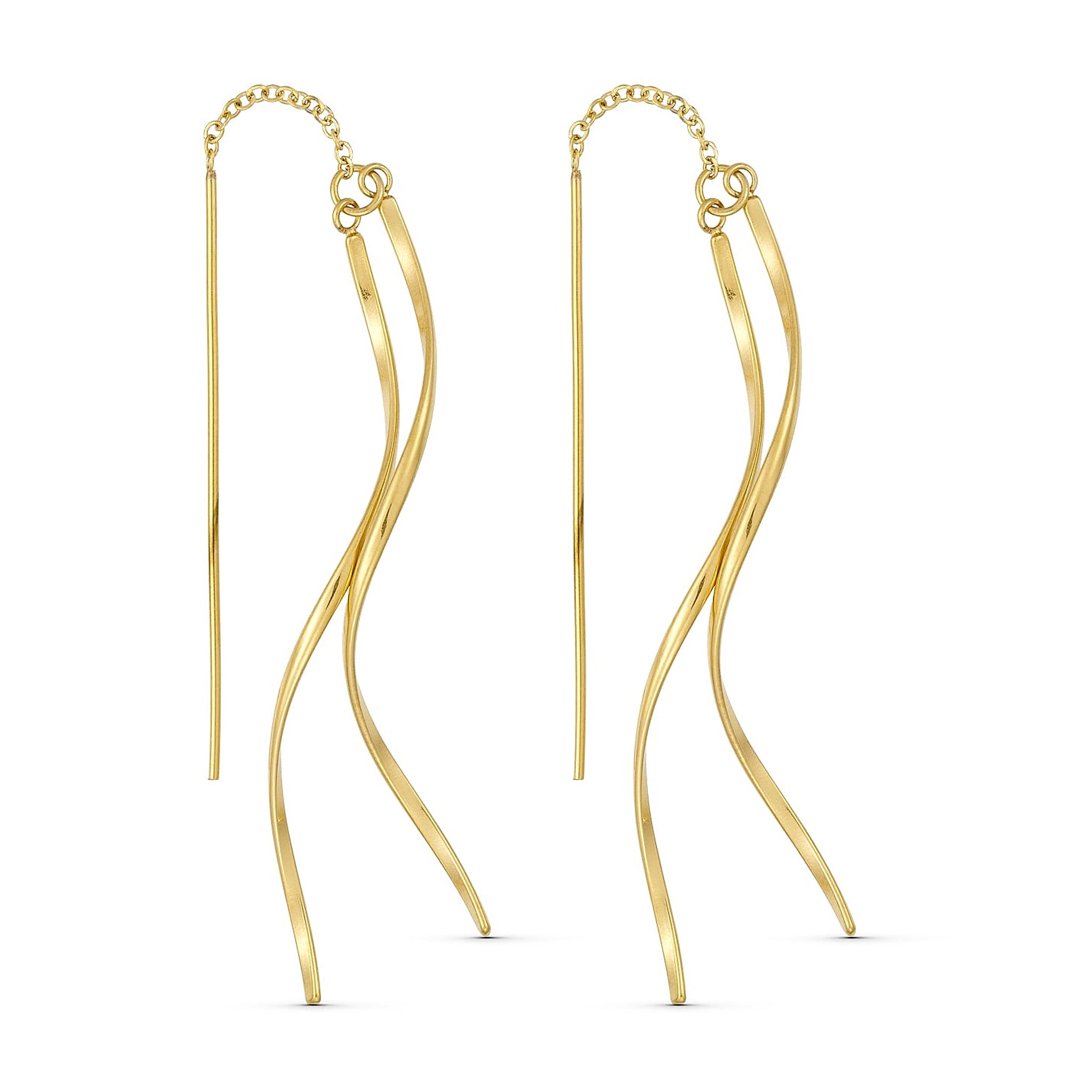 Waves ørering i guld fra Wolff Jewelry med fin kæde, lige stav og to bølgede stave, vist som par på hvid baggrund