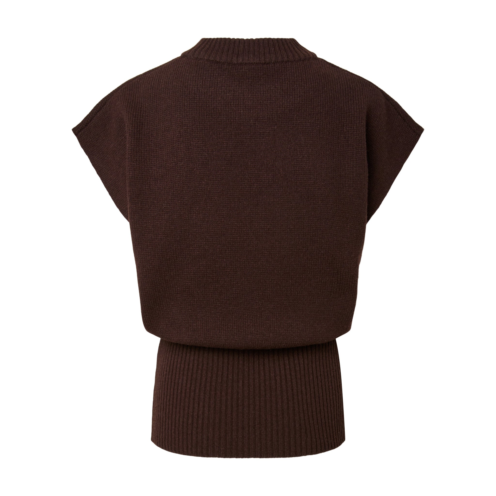 Brun strikvest Yasesli i Coffee Bean set bagfra med brede skuldre og ribkant