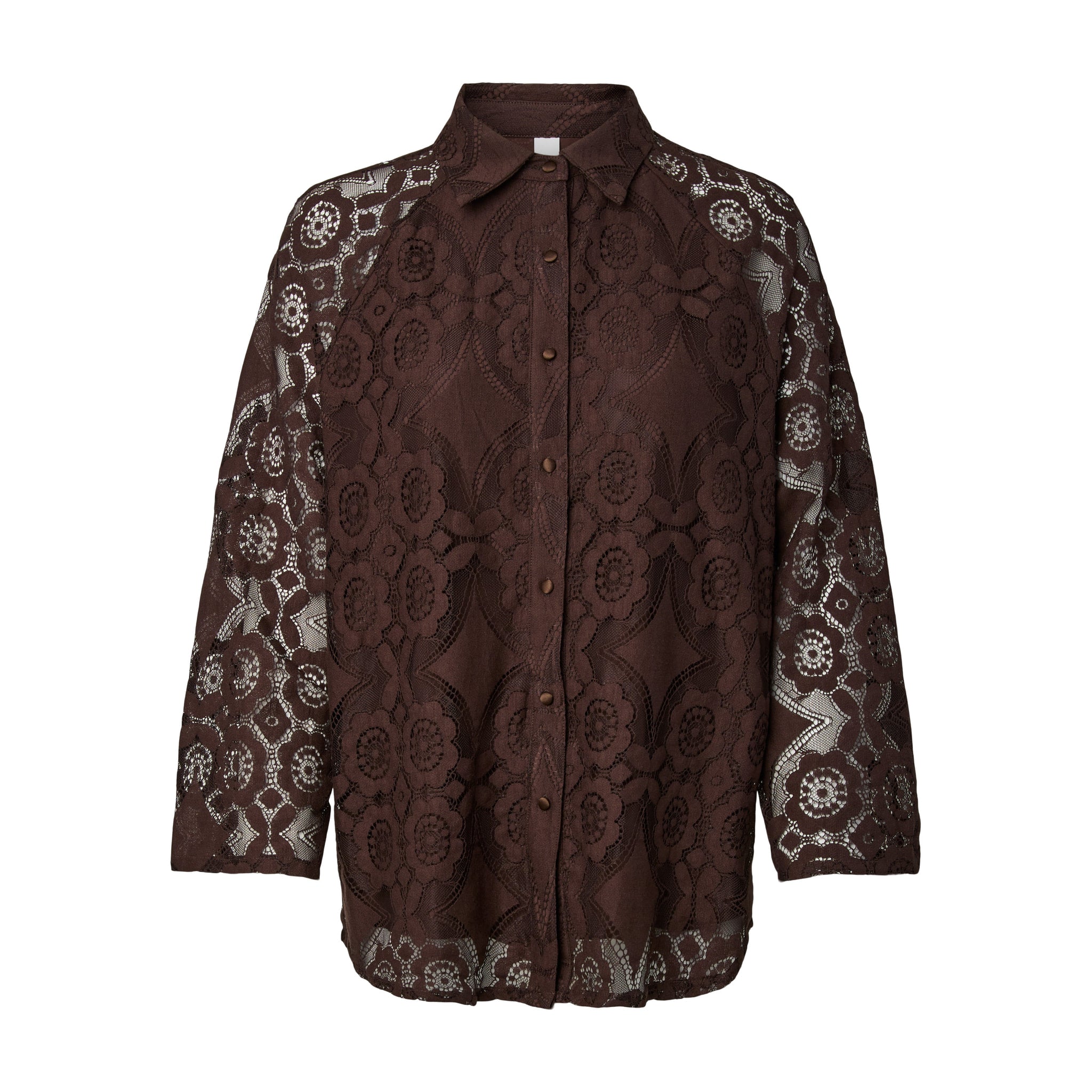 Brun bluse i blonde med blomstermønster, krave og knapper foran, set forfra