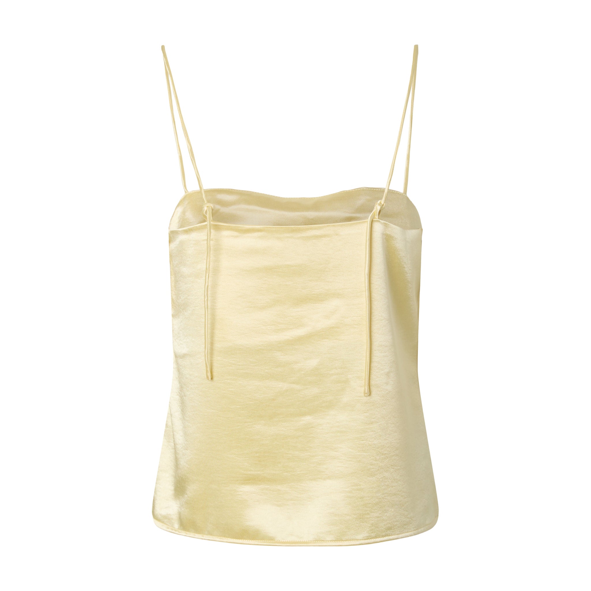 Cremet hvid satin top set bagfra med ensfarvet ryg og tynde stropper bundet i knude