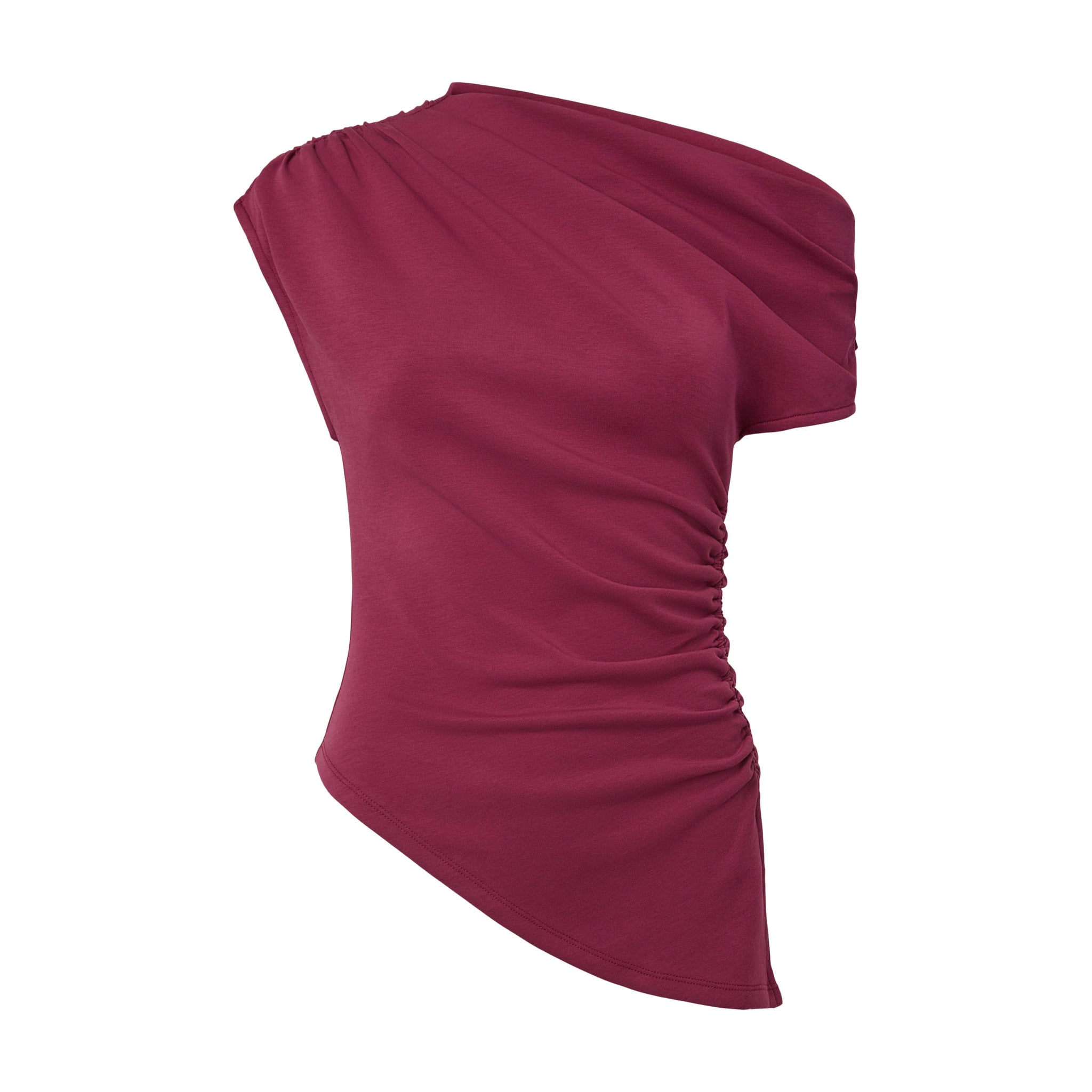 Pink off shoulder top fra YAS forfra med asymmetrisk halsudskæring, rynk i siden og skrå bund