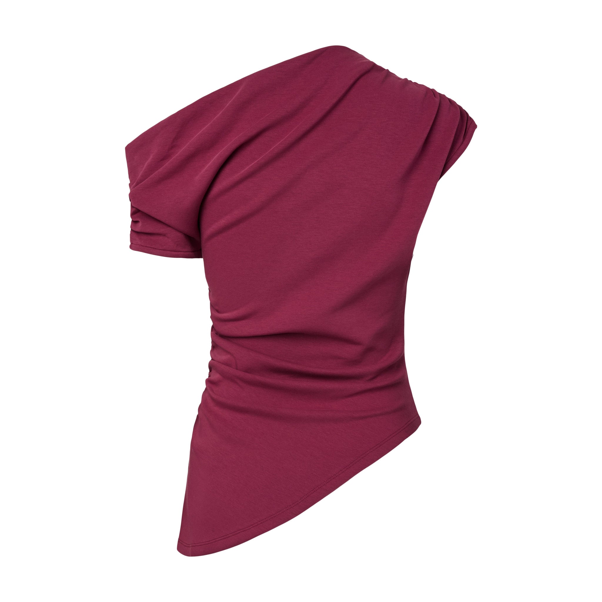 Pink off shoulder top i Rhododendron set bagfra med draperinger og asymmetrisk bund