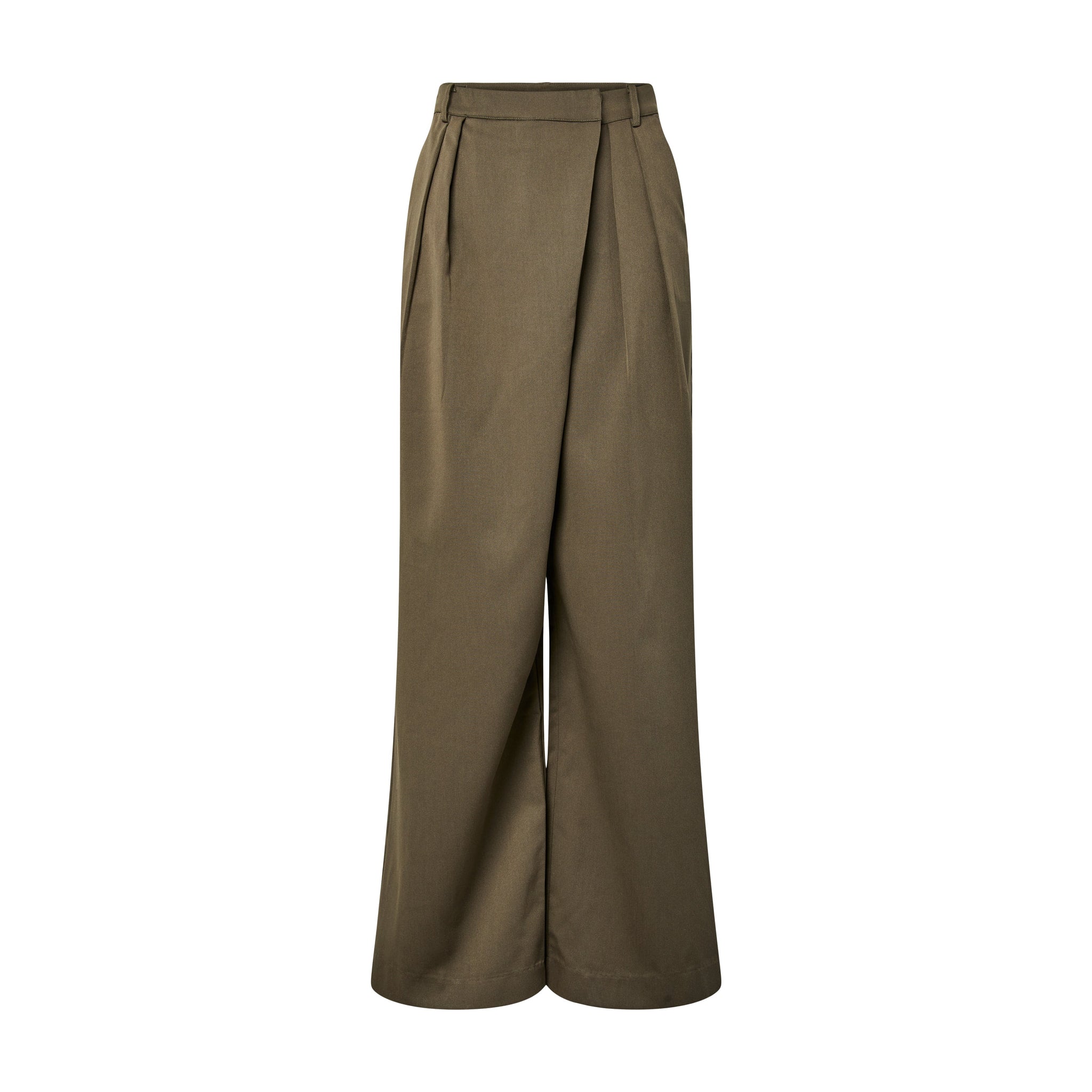 Yaswera wide leg bukser fra YAS i Stone Gray med høj talje, læg og overlappende front, set forfra uden model